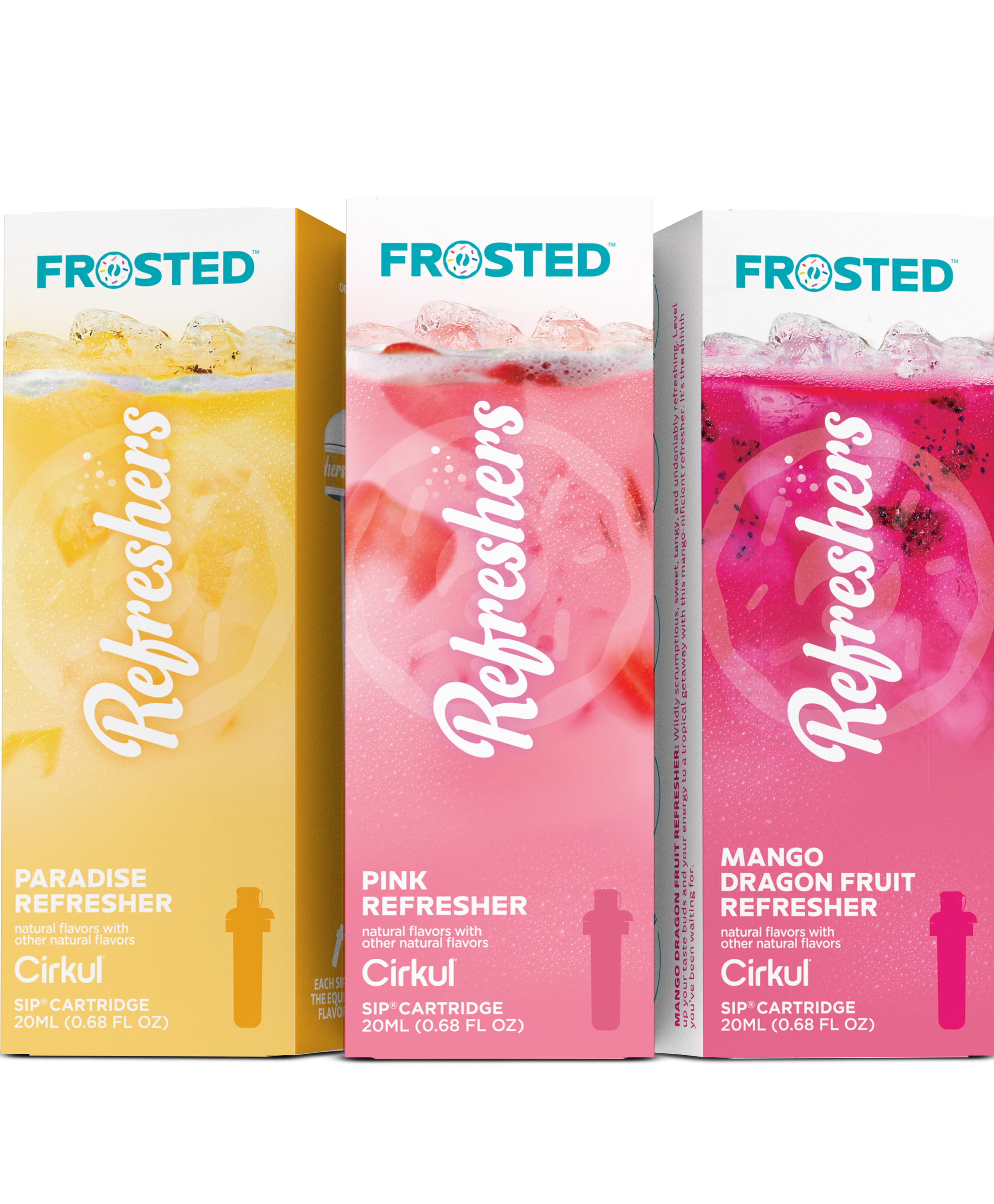 Frosted Refreshers Mango Dragon Fruit Refresher, Frosted Refreshers Paradise Refresher, and Frosted Refreshers Pink Refresher