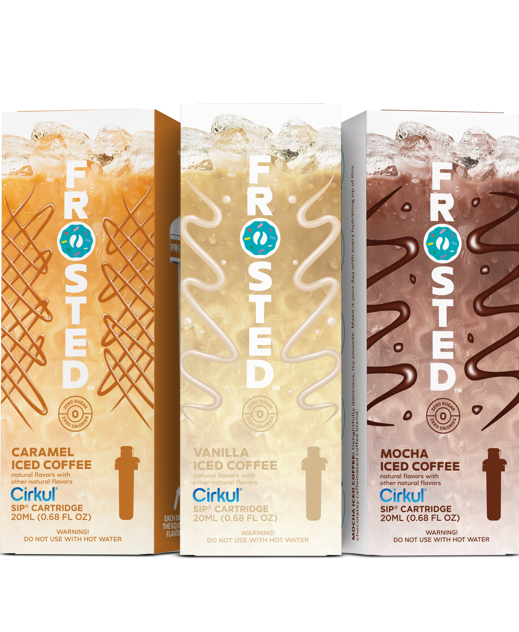 Frosted Caramel Iced Coffee, Frosted Vanilla Iced Coffee, and Frosted Mocha Iced Coffee