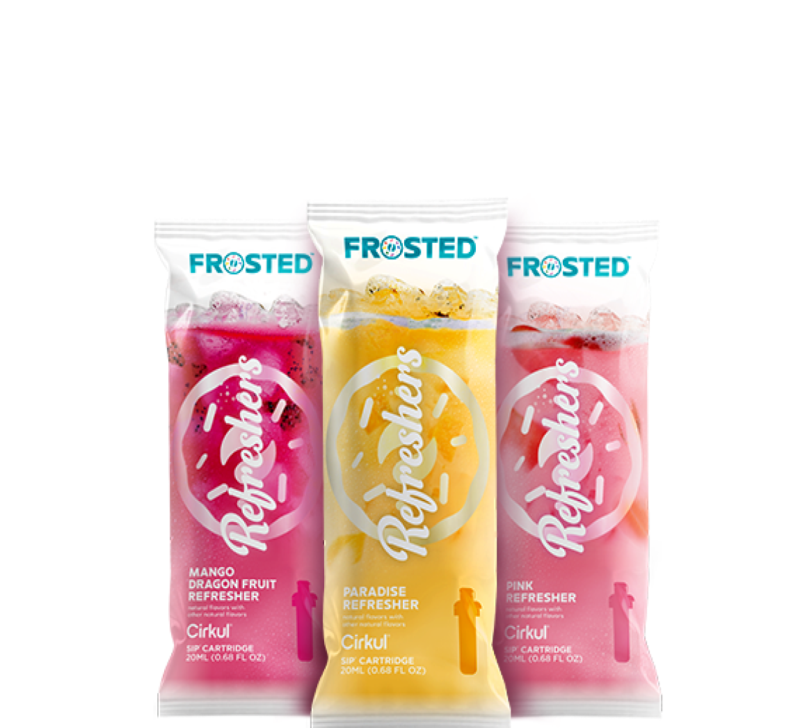 Frosted Refreshers Mango Dragon Fruit Refresher, Frosted Refreshers Paradise Refresher, and Frosted Refreshers Pink Refresher